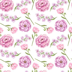 Hand Drawn Seamless Pattern of Watercolor Little Flowers