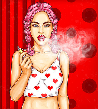 Vector pop art pin up illustration of a young sexy girl vaping e-cigarette. Excellent template advertising poster for vape shop