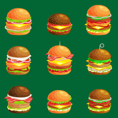 Set of tasty burger grilled beef and fresh vegetables dressed with sauce in bun for snack or lunch, hamburger is classical american fast food meal usual menu could be barbecue meat bread tomato cheese