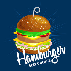 tasty burger grilled beef and fresh vegetables dressed with sauce in bun for snack or lunch, hamburger is classical american fast food meal usual menu could be barbecue meat bread tomato cheese