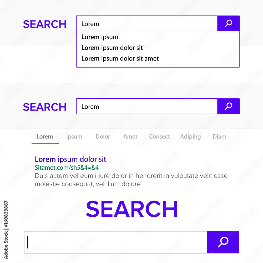 Poster search bar field vector. search engine browser window template. pop up list, search results. flat te