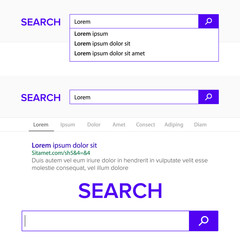 Search Bar Field Vector. Search Engine Browser Window Template. Pop Up List, Search Results. Flat Template Design For Internet Web Browser Or Web Page.