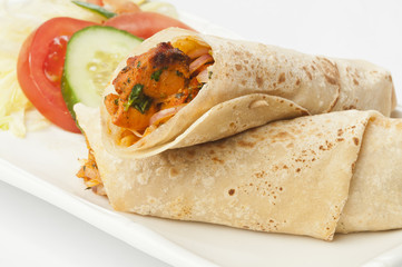 chicken kathi rolls with fresh salad and green chilly
