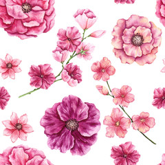 Seamless Pattern of Watercolor Magenta and Pink Flowers