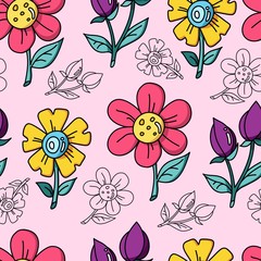 Flowers cartoon pattern seamless vector flat background