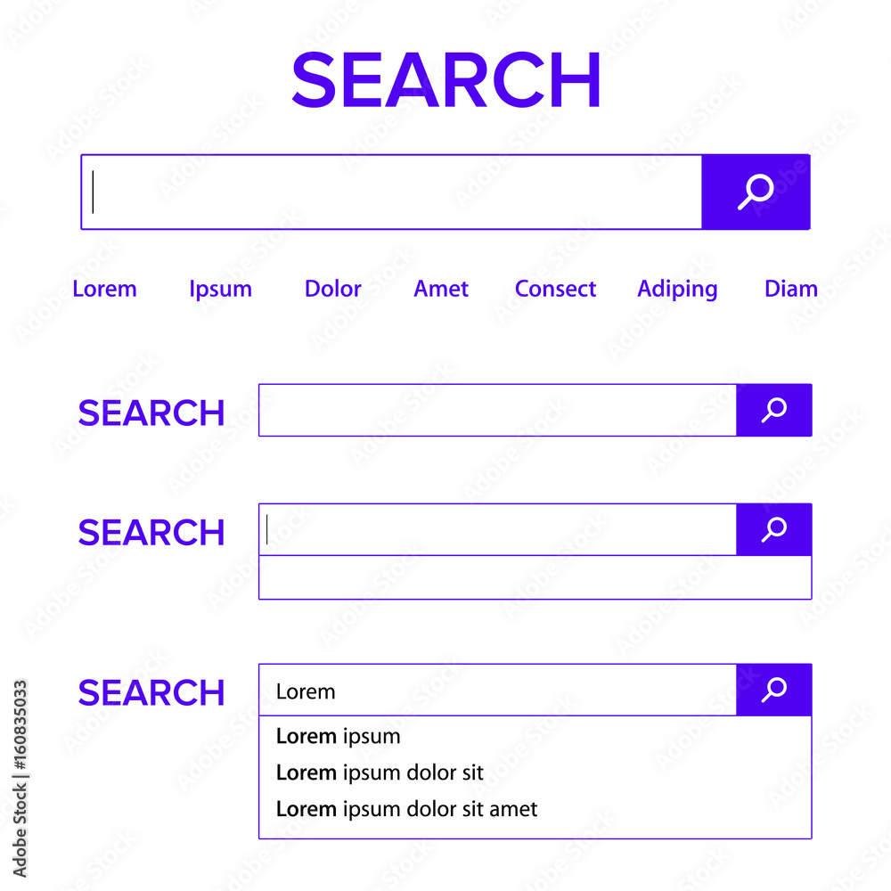 Poster search bar field vector. search engine browser window template. pop up list, search results. element