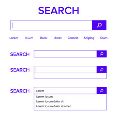 Search Bar Field Vector. Search Engine Browser Window Template. Pop Up List, Search Results. Elements Of Search Magnifier Icon And Frame Field For Text