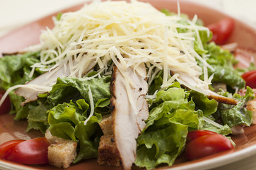 Pieces of chicken fillet and vegetables on a plate, chicken salad, Caesar salad