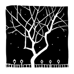 Night winter tree. Vector image. Original hand drawn graphic.