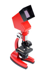 Microscope for biology and flasks on white background