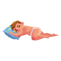 Cute little baby kid, infant, child in diaper sleeping sweetly, cartoon vector illustration isolated on white background. Caucasian little kid, baby, infant in diaper sleeping in bed, daily routine