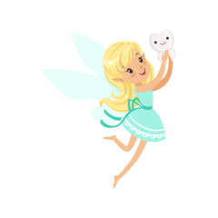 Cute cartoon blonde Tooth Fairy girl flying with tooth colorful character vector Illustration
