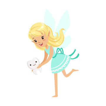 Beautiful sweet blonde Tooth Fairy girl holding smiling tooth colorful cartoon character vector Illustration
