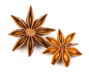 Close up star anise spice isolated on white background , overhead and top view
