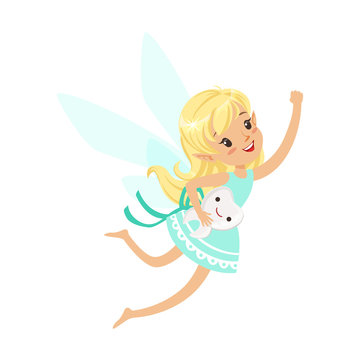 Beautiful sweet blonde Tooth Fairy girl flying with smiling tooth colorful cartoon character vector Illustration