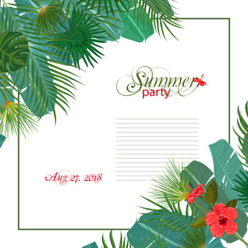 Hand drawn tropical palm leaves and jungle exotic flower wedding invitation template on white background with seamless frame border