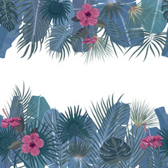 Fototapeta na wymiar Hand drawn tropical palm leaves and jungle exotic flower holiday template on white background with seamless frame border
