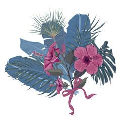 Hand drawn tropical palm leaves and jungle exotic flower holiday template on white background with seamless frame border