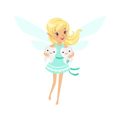 Beautiful sweet smiling blonde Tooth Fairy girl flying and holding two teeth colorful cartoon character vector Illustration
