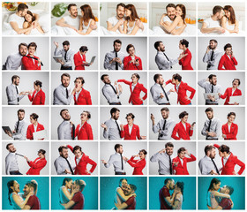 The collage about lifestile of young businessman and businesswoman with different emotions