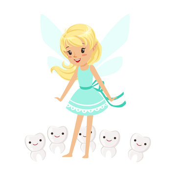 Beautiful sweet blonde Tooth Fairy girl standing surrounded by smiling teeth colorful cartoon character vector Illustration