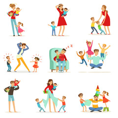 Fototapeta na wymiar Tired parents and their children set, parenting stress vector Illustration