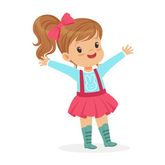  ute smiling little girl dressed in a pink skirt and bow colorful cartoon character vector Illustration