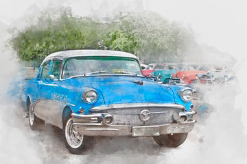 Blue old car in Cuba, watercolor