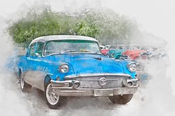  Blue old car in Cuba, watercolor © danek_w