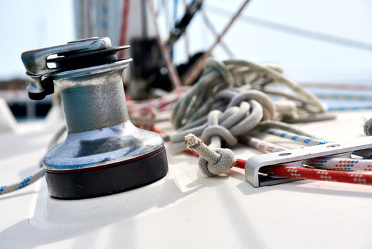 Winch With Rope On Sailing Boat