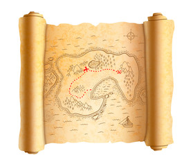 Realistic ancient pirate map of island on old scroll with red path to treasure