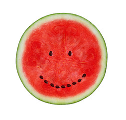 Watermelon with smile face. Funny watermelon on wooden white background