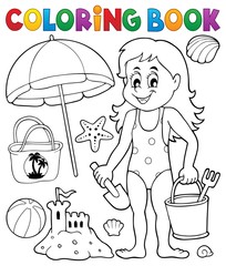 Coloring book girl and beach objects