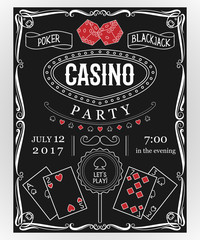 Obraz premium Casino party invitation on chalkboard with decorative elements. Vintage vector illustration