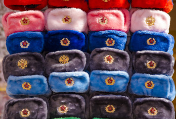 Traditional Russian military hats, Russian souvenirs in Moscow

