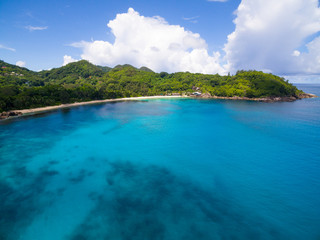 Aerial: Coastline of Mahé Island, Seychelles.