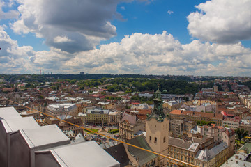 Fototapeta na wymiar Aerial panoramic view of Lviv with the most famous sights from Lviv city hall, Ukraine