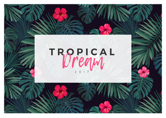 Fototapeta na wymiar Tropical vector design with bright hibiscus flowers and exotic palm leaves on dark background.