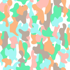 Camouflage seamless pattern in a brown, blue, pink, orange and green colors.