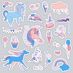 Unicorn multicolor stickers with unicorns, balloons, cloud, stars, ice-cream, fireworks, cake, sweets, and flag