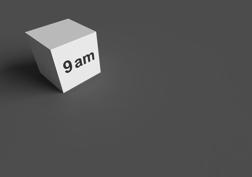 3D RENDERING WORDS 9 am ON WHITE CUBE, STOCK PHOTO