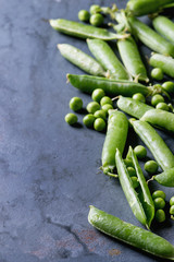 Young organic green pea pods and peas over blue gray texture metal background. Close up with space. Harvest, healthy eating.
