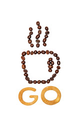 Close-up view of coffee cup symbol from roasted coffee beans and word go from crunchy cookies
