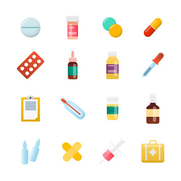 Medicine cartoon pill, drug, table, antibiotics, medication dose. Flat design modern vector illustration concept.