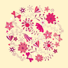 Floral pattern. Background of multi-colored flowers. Round frame. 