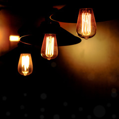 Decorative antique vintage edison style filament light bulbs in room