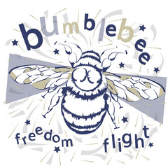 Print insects. Flight of the Bumblebee. Trend print on a T-shirt. Cartoon insects.