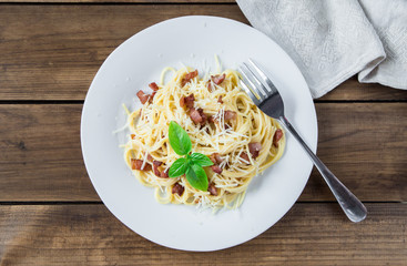 Pasta Carbonara. Spaghetti with bacon and parmesan cheese.