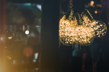 Decorative antique vintage edison style filament light bulbs in room