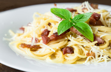 closeup of Pasta Carbonara. Spaghetti with bacon and parmesan cheese.